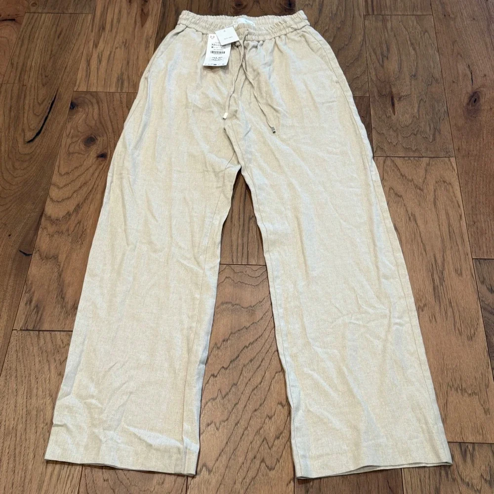 Zara Womens Linen Blend Wide Leg Drawstring Pants Oatmeal Beige XS New With Tags